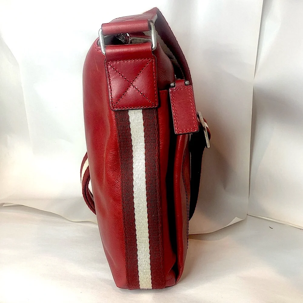 BALLY Red Leather Top Zip Messenger Shoulder Bag w/ Red White Striped Strap